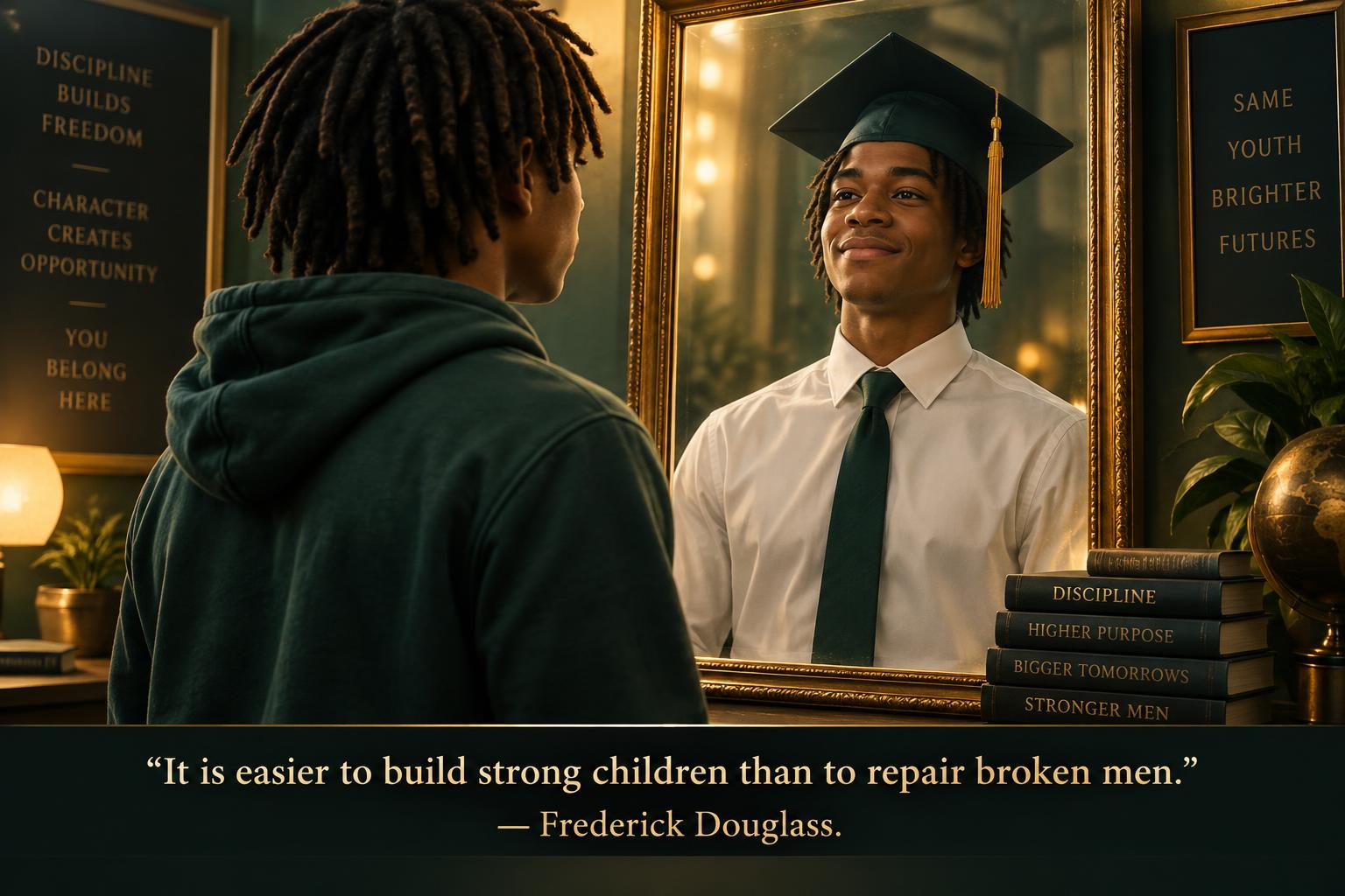 A young African American teenager in a green hoodie with dreadlocks looks into a mirror and sees his future self in a white shirt, tie, and graduation cap, smiling back at him.